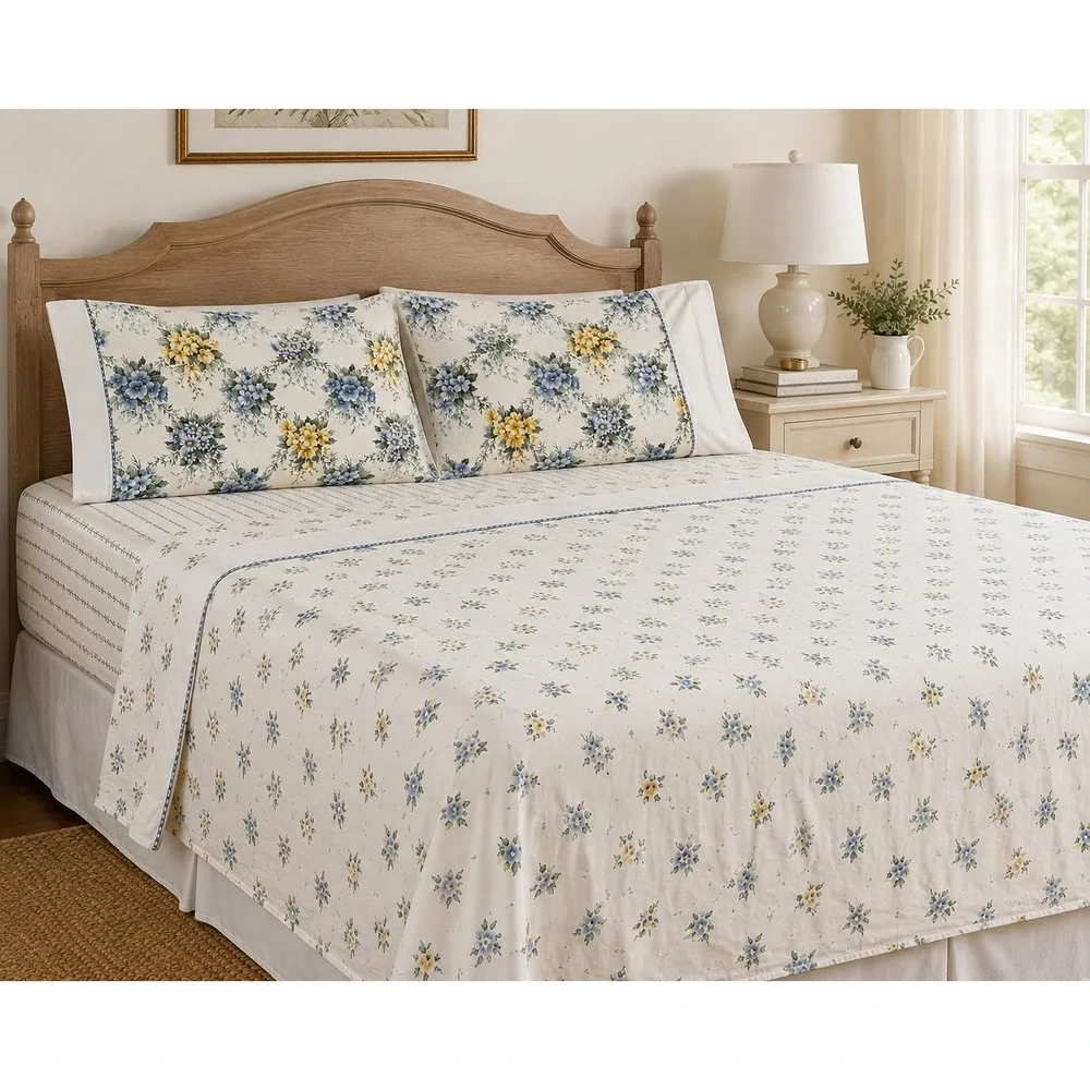 Vintage Liz Claiborne Liz At Home King Sheet Set Blue Yellow Floral Cottage 4Pc